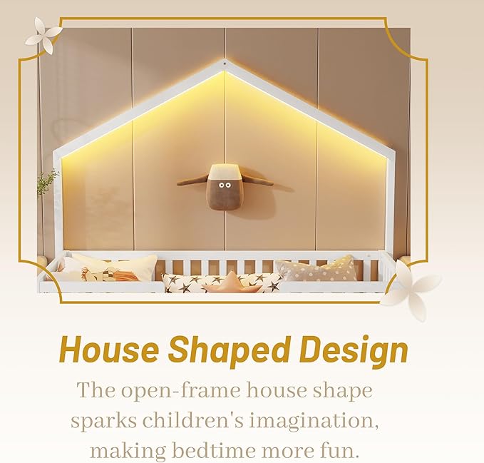 Twin Size House Bed for Kids, Low Profile Montessori Bed Twin with High Railings, Wood House Shape Montessori Beds with Light & Roof for Kids, White