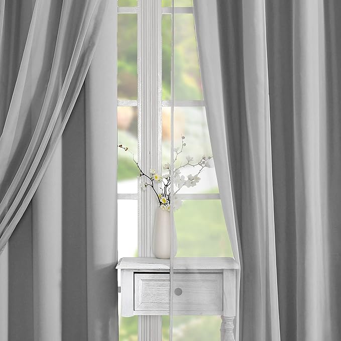 Lotusolution Living Room Mix and Match Blackout Curtains Gray Curtains & Solid White Voile Sheer Curtains Shabby Chic Double Layer Curtains Draperies for Christmas Holiday Bedroom, 52" W x 95" L, Grey