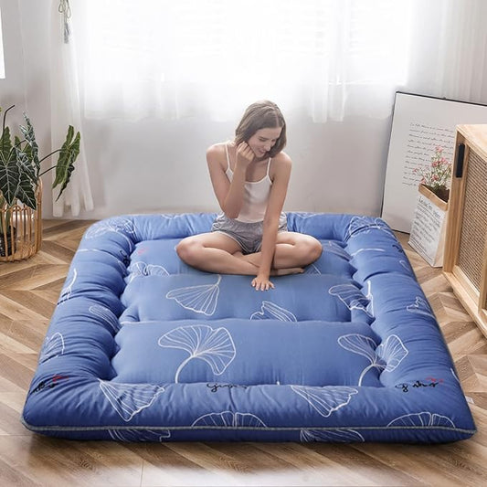 MAXYOYO Leaf Printed Japanese Futon Floor Mattress, Thicken Sleeping Pad Floor Bed Roll Up Camping Guest Mattress Folding Couch Bed, Queen Size