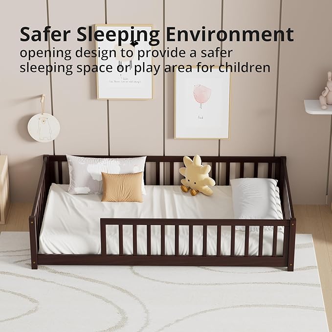 LLS Twin Floor Bed for Children, Durable Montessori Floor Bed with Sturdy Slats and Safety Fence, Solid Wood Floor Bed Frame for Girls Boys and Teens, Espresso (Without Door)