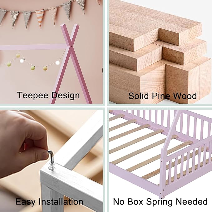 Twin House Bed with Fence Rails, Wood Montessori Floor Bed with Slats Support, Twin Size Teepee Tent Beds Kids Bed Frames for Girls Boys,Pink