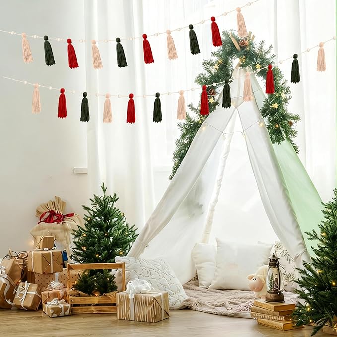 2 Pcs Tassel Garland with Wood Beads, Handmade Cotton Yarn Wall Hanging Banner Boho Tassel Wall Hanging Party Decor for Nursery, Birthday Baby Shower Home Classroom Decoration(Red Green)