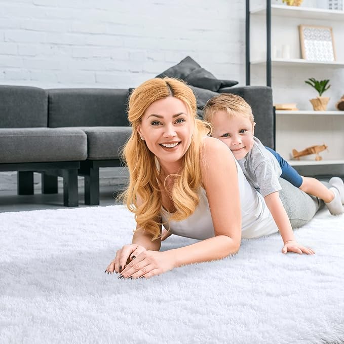 Merelax Soft Modern Indoor Large Shaggy Rug for Bedroom Livingroom Dorm Kids Room Home Decorative, Non-Slip Plush Fluffy Furry Fur Area Rugs Comfy Nursery Accent Floor Carpet 5x8 Feet, White