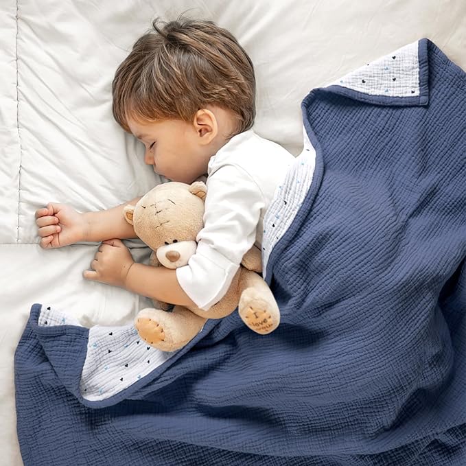 lulumoon Muslin Baby Blanket - Cotton Quilt Blankets for Toddlers - Reversible Nursery Crib Blanket for Baby Boys and Girls 47"x47"(Blue)