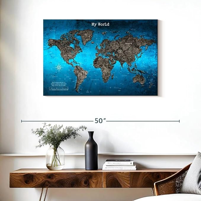 ElephantStock - My World Push Pin Travel Map Iii Wall Art - Horizontal Canvas Wall Art - Living Room Wall Decor - Digital Art Map Canvas Art - Turquoise And Blue Decor - 36" x 24"