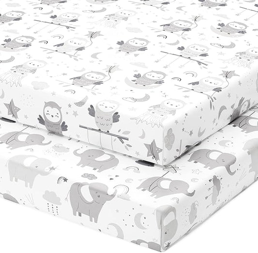 Baby Fitted Crib Mattress Sheets Set for Boys and Girls – Snuggly Soft 100% Jersey Cotton Toddler Bed Sheets – Grey White Elephant, Star, Cloud, Moon, Owl – 2 Pack