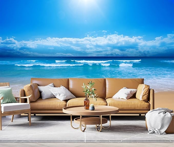 Beach Wall Mural Coastal Landscape Wallpaper for Living Room Bedroom（Not Peel and Stick）