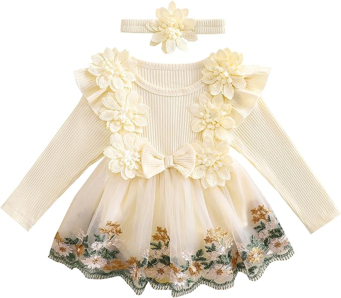 Giraropa Baby Girl Fall Winter Clothes Long Sleeve Romper Dress + Socks + Headband Newborn Infant Cute Casual Outfits