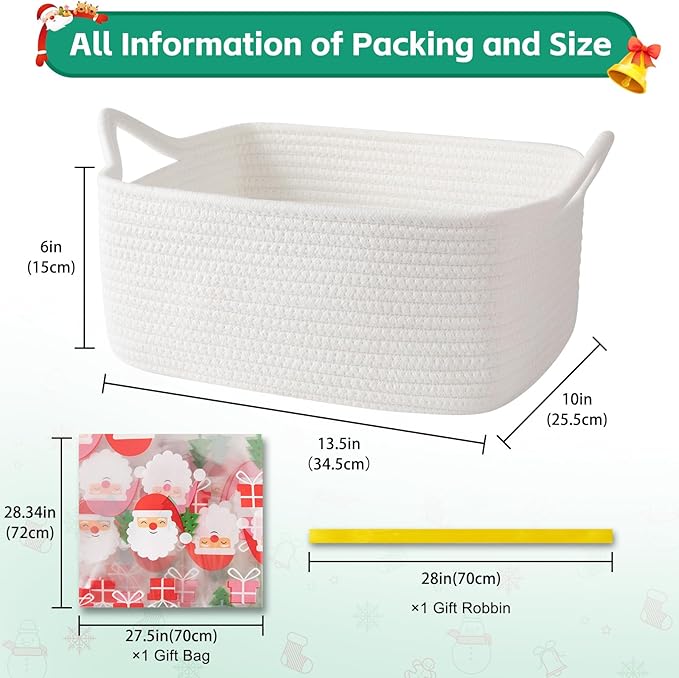 OIAHOMY Woven Basket, Gift Basket Empty with Gift Bags and Ribbons, Rope Baskets for Baby Showers, Storage Baskets with Handles for Nursery, Pet Toy Organizer - Christmas White