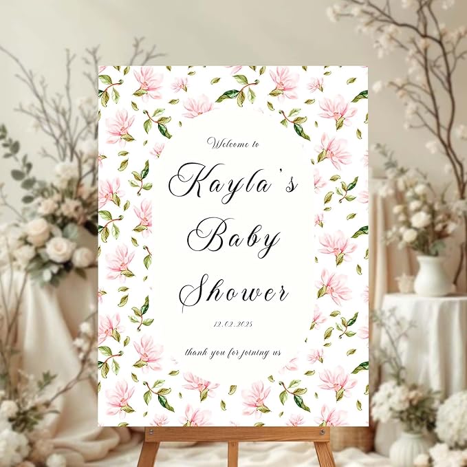Personalized Pink Magnolia Baby Shower Welcome Sign - Elegant Floral Announcement Sign - Girl Baby Shower Entrance Decor