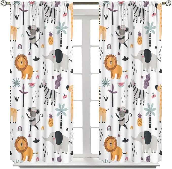 Cute Cartoon Animals Curtains Tropical Jungle Animals Elephant Giraffe Monkey Lion Modern Abstract Aesthetics for Kids Boys Bedroom Nursery Rod Pocket Decoration Window Drapes 2 Panels W31.5xL72in