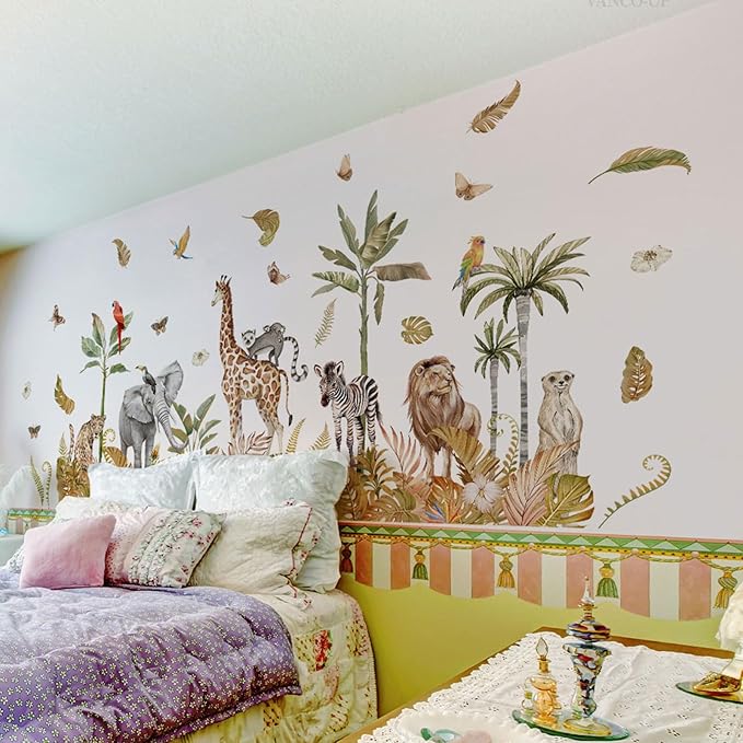 Large Safari Animals Boho Tropical Rainforest Leaves Tree Wall Stickers Jungle Animals Giraffe Elephant Lion Leopard Parrot Wall Decals for Living Room Bed Room Class Room Wall Décor
