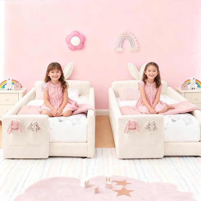 Twin Bed with Rails, Montessori Bed Frame for Toddlers, Boucle Upholstered Platform Bed with Rabbit Ear Headboard, for Kids & Teens, Beige