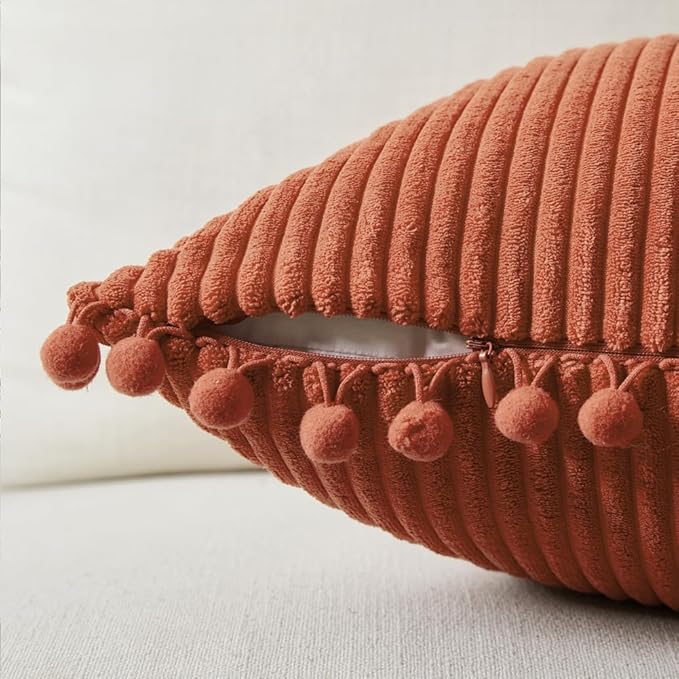Fancy Homi Pack of 2 Burnt Orange Decorative Throw Pillow Covers 16x16 Inch with Pom-poms for Couch Bed Bedroom, Soft Corduroy Solid Square Cushion Case 40x40 cm, Farmhouse Boho Fall Home Decor