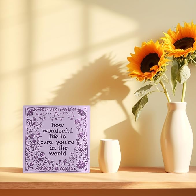 How Wonderful Life Is Now You're in the World Wood Box Sign 5×5 Inches, Boho Floral Wood Sign for Nursery Kids Boy Girl Newborn Teen Bedroom Home Desk Tabletop Shelf Decor
