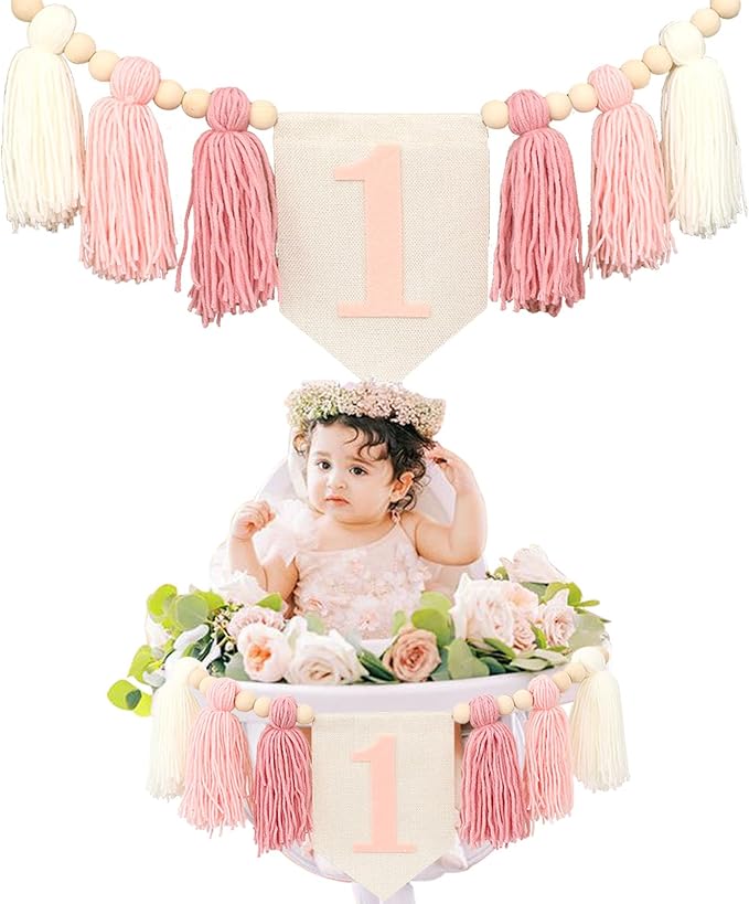 Boho Pink Handmade 1st Birthday High Chair Banner First Highchair Banner For Baby Girls Wild One Wall Hangings Wood Bead Tassel Garland 1 Birthday Party Decorations Photoshoot Props Photo Props