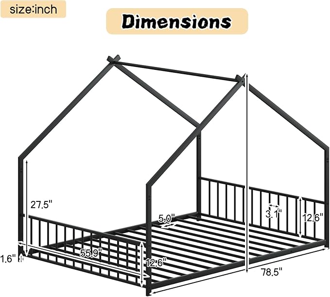 Bellemave Full Size Montessori Floor Beds with Slats for Kids, Metal Full House Bed for Kids, Black with Slats and Lights