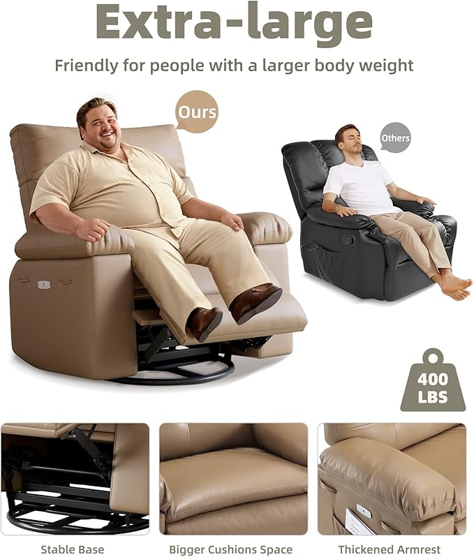 GarveeHome Oversized Power Rocker Swivel Recliner Chair - Heat and Massage, PU Leather Electric Glider Rocking Chair with USB Port, Glider Recliner Nursery Chair for Living Room, Bedroom, Nursery