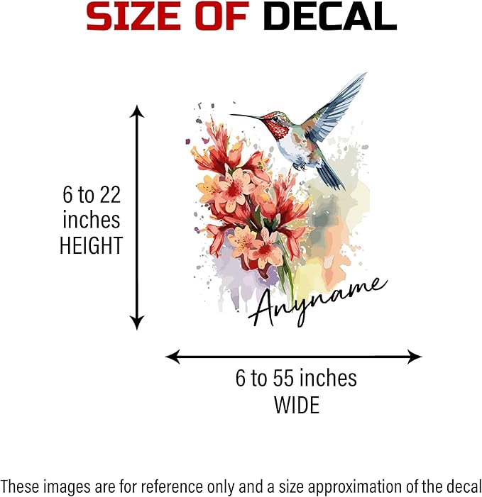 Custom Floral Hummingbird Wall Decal Personalized Flower Bird Name Transparent DTF Vinyl Removable Nursery Wall Decal for Kids Room, Teen Bedroom, Car, Cute Home Decor Gift