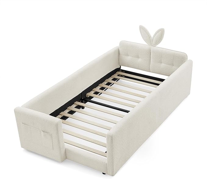 Twin Bed with Rails, Montessori Bed Frame for Toddlers, Boucle Upholstered Platform Bed with Rabbit Ear Headboard, for Kids & Teens, Beige