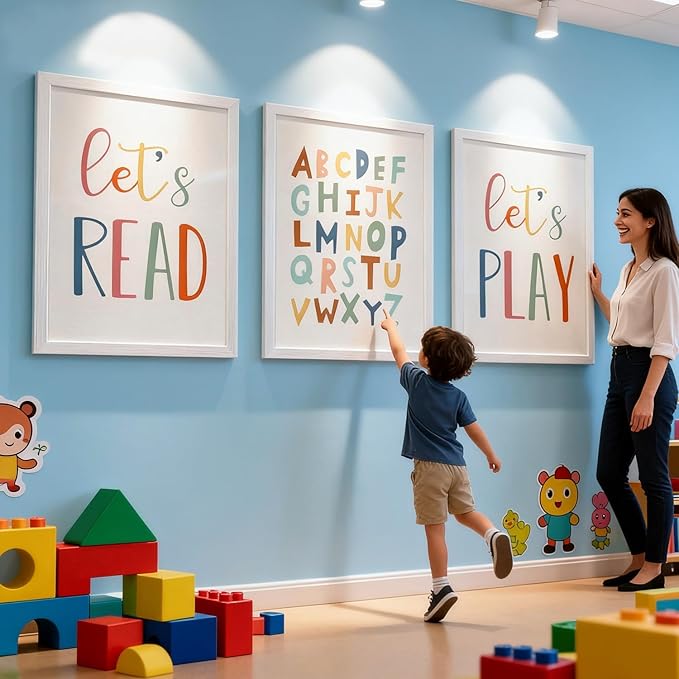 3 PCS Alphabet Framed Playroom Wall Decor,Classroom Must Haves Boho Educational ABC Poster Wooden Sign for Baby Girl Kid Boy Toddlers,Neutral Preschool English Letters Nursery Decor for Homeschool Kindergarten Kids Learning White