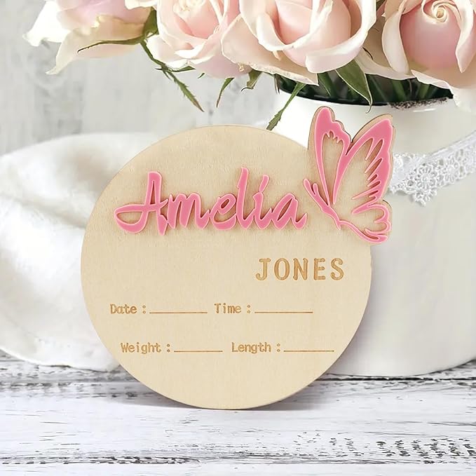 Personalized Baby Announcement Sign Custom Birth Newborn Announcement Sign for Hospital Wooden Baby Name & Footprint Sign Photo Prop Shower Gift (Butterfly)