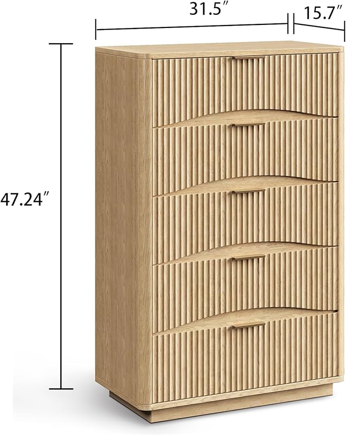 Evermagin Fluted 5 Drawers Dresser, 47" Tall Wooden Dressers Storage Organizer,Modern Chest of Drawers for Bedroom with Deep Storage, Living Room,Entryway, Natural Oak