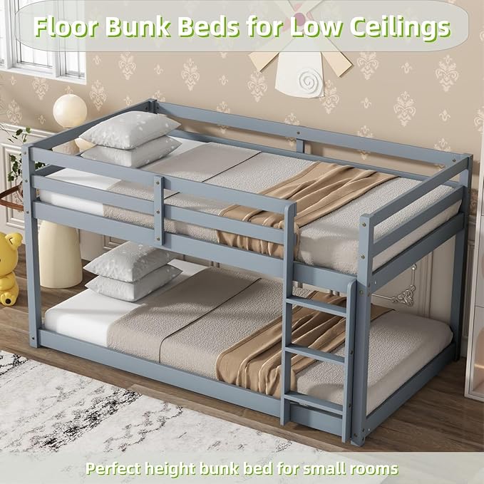 Merax Solid Wood Low Bunk Bed Frame for Kids/Toddlers/Junior, with Built-in Ladder, High Guardrail and Slats, Floor Bed Bottom Bunk, No Box Spring Needed, for Small Spaces, Twin-Over-Twin, Gray
