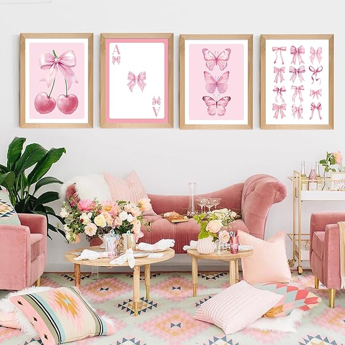 Set of 4 Framed Pink Bow Wall Art Prints Decor,12x16”Coquette Trendy Preppy Wall Decor Cherry Butterfly Canvas Wall Art Prints Framed Nursery Children Artwork Girls Playroom Bedroom Decoration