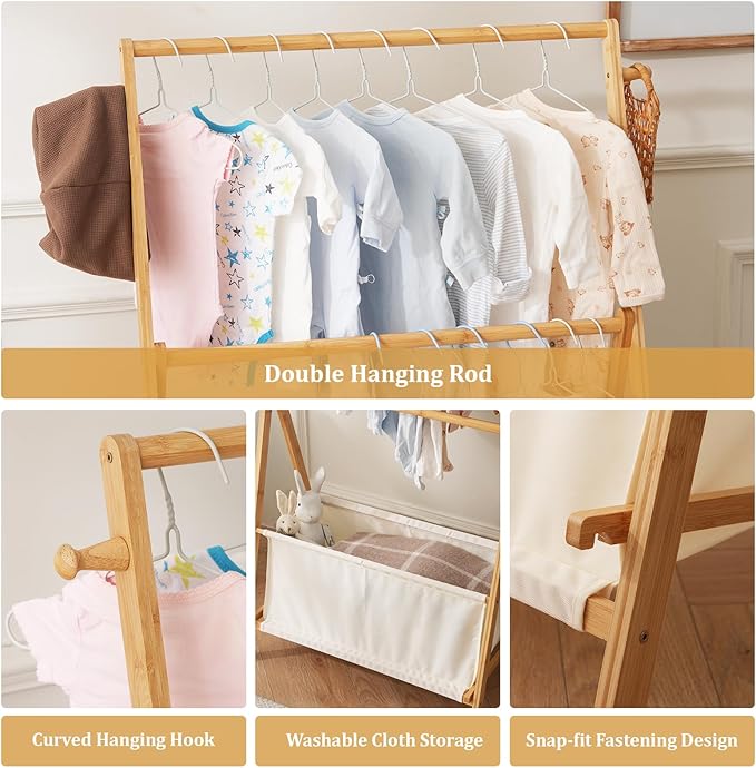 Kids Clothing Rrack- Kids Dress Up Rack for Little Girls, Bamboo Kids Clothes Rack, Toddler Dress Up Storage Rack & Folding Costume Rack, Double Rods, Pets Clothes Rack with Storage, Natural