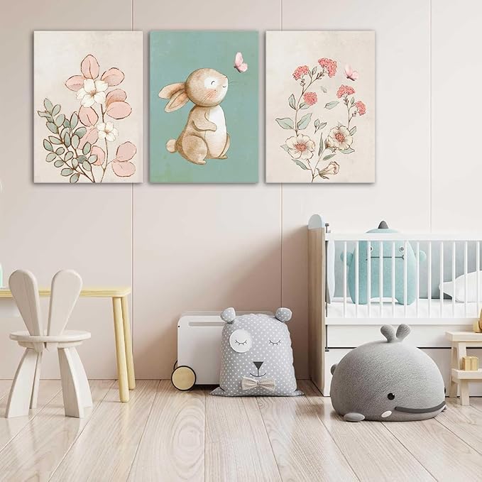 Dytila Framed Nursery Wall Art Set of 3, Pink Flower Botanical Pictures Wall Decor, Green Bunny Paintings, Cute Animal Canvas Prints for Girls and Boys Kids Room, Baby Room Decor 16x24 Inches