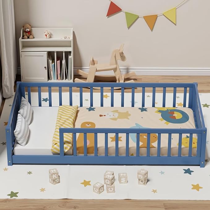 LLS Twin Floor Bed for Kids Toddlers, Solid Wood Multifunctional Montessori Bed Frame with Safety Guardrails, Without Door, Easy Assemble, Mist Blue