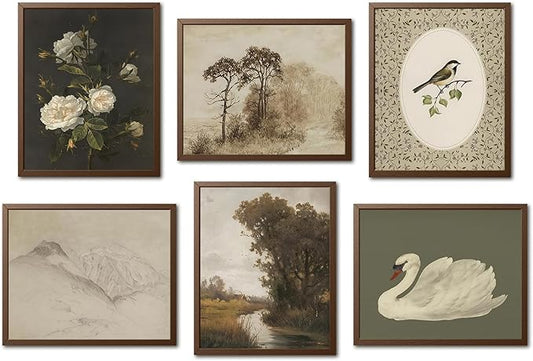 Mynotix Vintage Flower Landscape Poster Set of 6, Farmhouse Cottagecore Wall Art, Rustic Horse Wall Decor Botanical Mountain Paintings Canvas Prints for Living Room Bedroom 12x16 inch Unframed