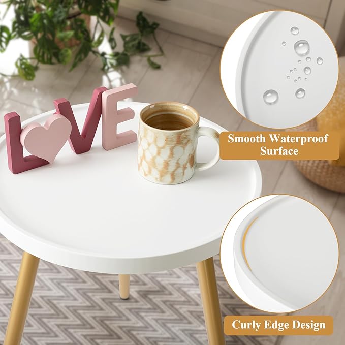 danpinera Nursery Side Table, Metal Legged Mini Table with Wooden Tray, Small Round End Table for Living Room, Bedroom, Nursery, White & Gold