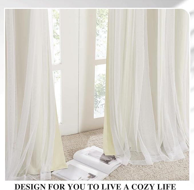 PONY DANCE Double-Layered Curtains with White Sheer Solid Blackout Curtains 84 Inch Length Elegant Grommet Panels for Living Room/Sliding Glass Door (W52xL84, Beige, One Pair, with Tie-Backs)