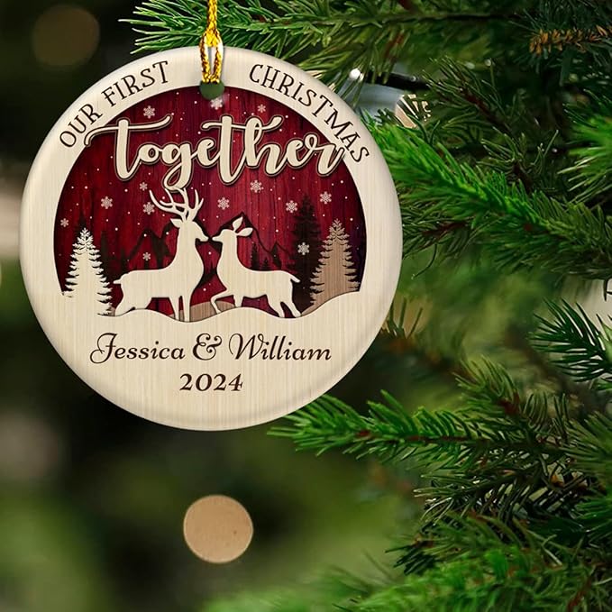 wowcugi Personalized First Christmas Together Ornament Personalized Reindeer Couple Ceramic Ornaments Engagement Ornament Wedding Keepsake Gifts for Newlywed Xmas Tree Decorations