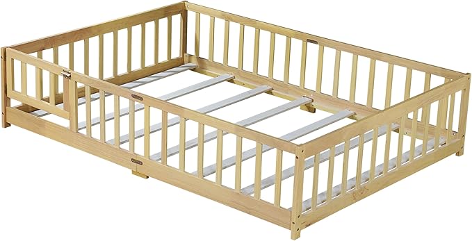 Full Size Floor Bed with Convertible Door & Wood Slats Support for Girls & Boys,Wood Montessori Bed Frame w/Guardrails & Close to The Floor for Kids,Natural
