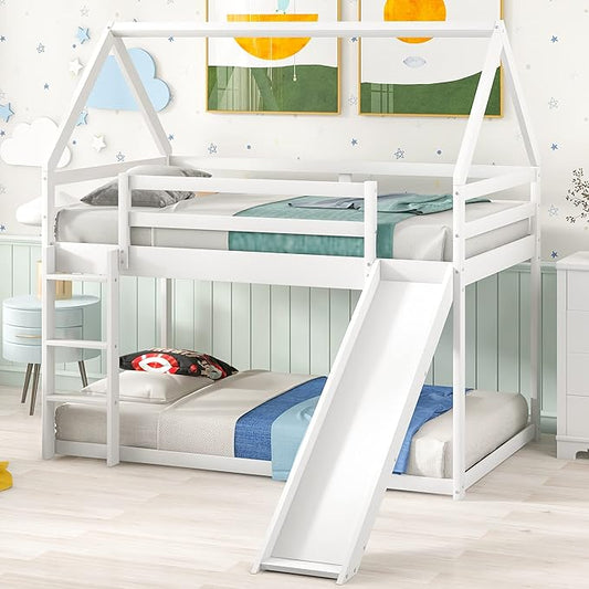 MERITLINE House Shaped Bunk Bed Twin Over Twin Size Wood Bunk Bed with Slide Low Bunk Beds for Boys and Girls, Twin Size, White