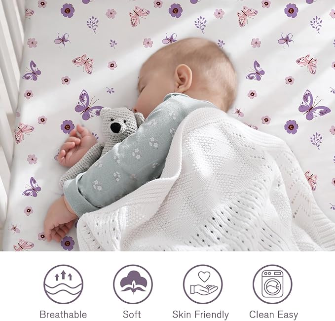 Little Grape Land Crib Sheets Girl 4 Pack, Baby Crib Sheets for Standard Crib & Toddler Mattress, Super Soft Breathable Crib Sheet Set for Girls, Floral & Butterfly