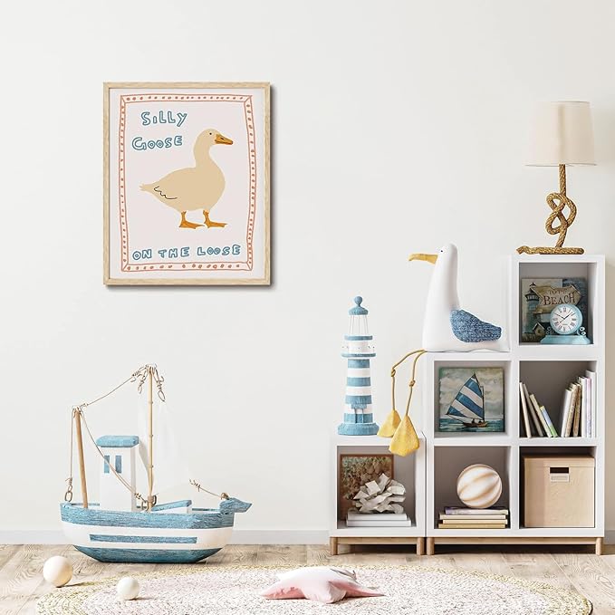 KISSFOX Framed Wall Art Nursery Wall Decor Silly Goose Pictures Kids Cute Animal Canvas Art Yellow Boho Paintings Artwork For Children Boys Girls Room