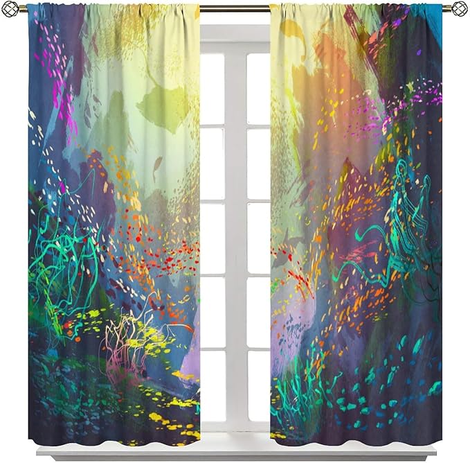 Ocean Blackout Curtain, Untouched Wild Underwater Aquatic World Corals Exotic Fishes Seascape Curtain for Living Room Cafe Set 2 Panels,42x54 Inches, Style-2