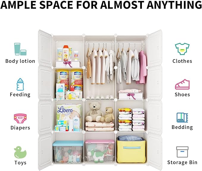 MAGINELS Kids Wardrobe Closet,Baby Closet Cabinet with Door.Baby Girls Armoires Organizer for Bedroom.Two Open Hanging Children Costume Area and 8 Cube Stroage.Pink(42x14x56inch)