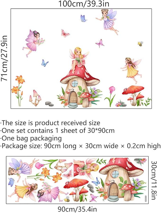 Fairy Girls Wall Decals Mushroom with Flowers Butterfly Wall Stickers for Baby Nursery Girls Bedroom Wall Decor