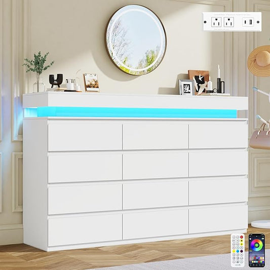 12 Drawer Dresser for Bedroom, 70" Wide 44" Tall Dresser with LED Light & Charging Station, Modern Chest of Drawers for Closet, Living Room, Entryway, Hallway (White, 12 Drawers)