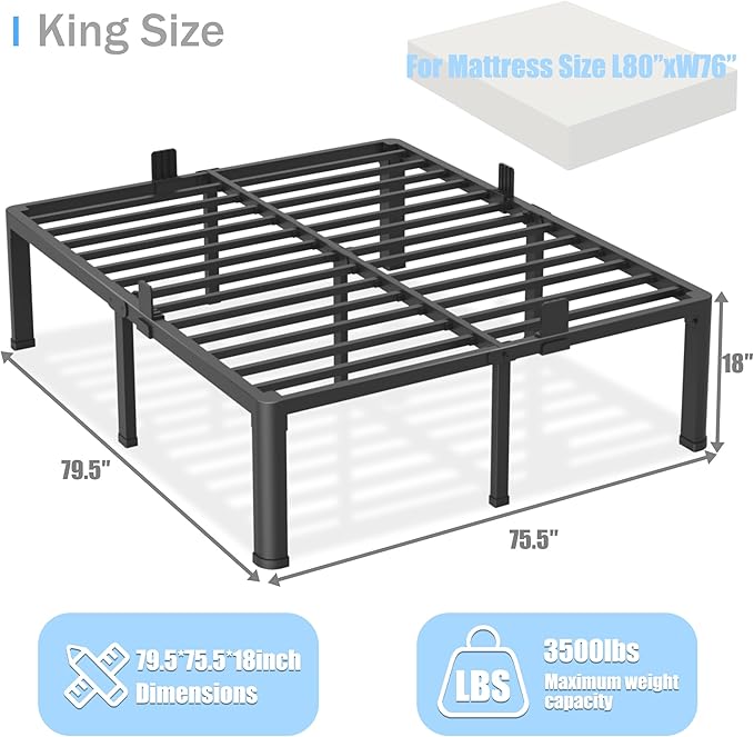 18 inch King Size Bed Frame with Round Corner Legs Mattress Slide Stopper,3500 lbs Heavy Duty Metal Platform,Steel Slat Support,No Box Spring Needed,Easy Assembly,Noise Free
