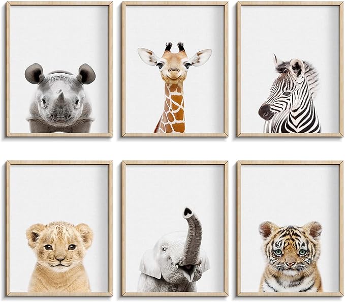 Safari Cute Animal Decor: Rhino, Giraffe, Zebra - Wall Art for Baby Bedroom (8x10, Unframed)