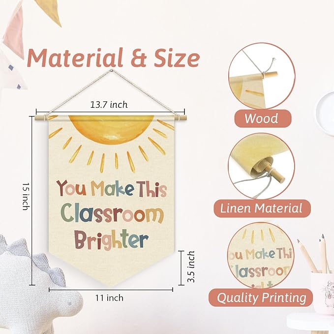 Classroom Welcome Sign Boho Neutral Classroom Banner, You Make This Classroom Bright Linen Canvas Banner, Positive Affirmations Wall Hanging Pennant Flag for Preschool Homeschool, 15x11in