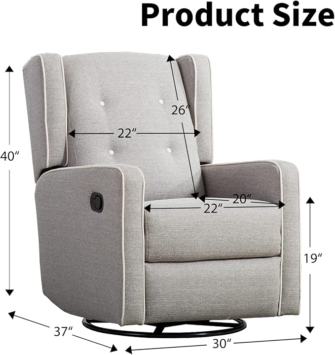 CANMOV Swivel Rocker Recliner Chair, Nursery Glider Chair, Nursery Rocking Chairs, Manual Reclining Chair, Grey