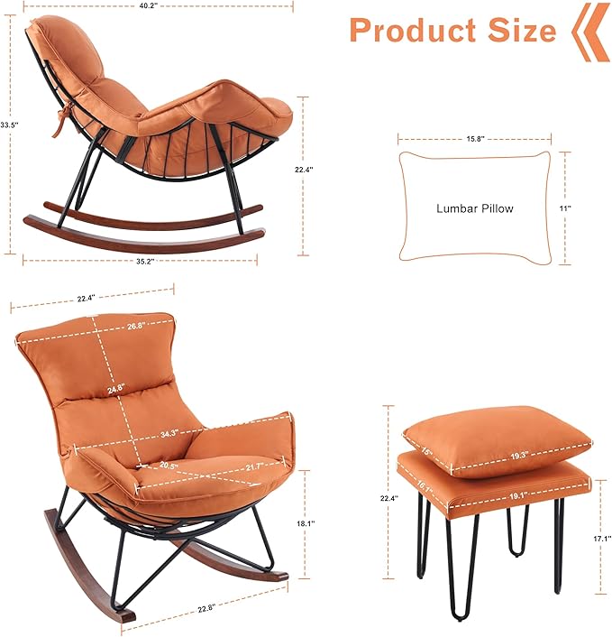 MCombo Modern Rocking Chair, Upholstered Glider Rocker Nursery Accent Chair with Ottoman, Comfy Reading Chairs for Living Room Bedroom Offices HQ203 (Orange)