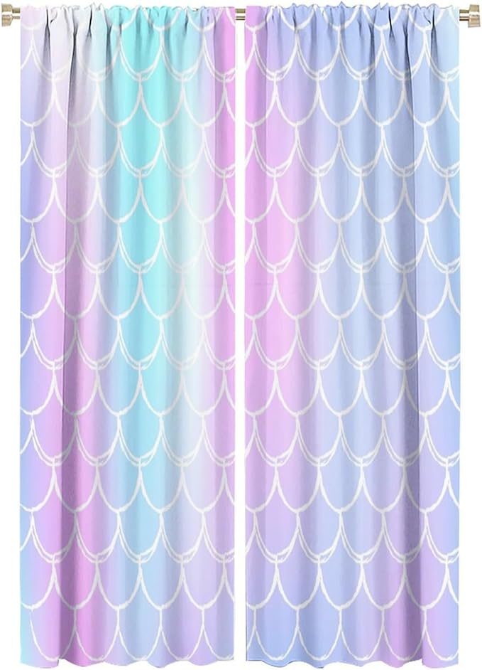 Fantasy Mermaid Curtain Rainbow Mermaid Scales Purple Pink Blue Ocean Theme Dream Blackout Window Treatment for Kids Boys Girls Bedroom Nursery Room Decor Rod Pocket Window Drapes 42x63in